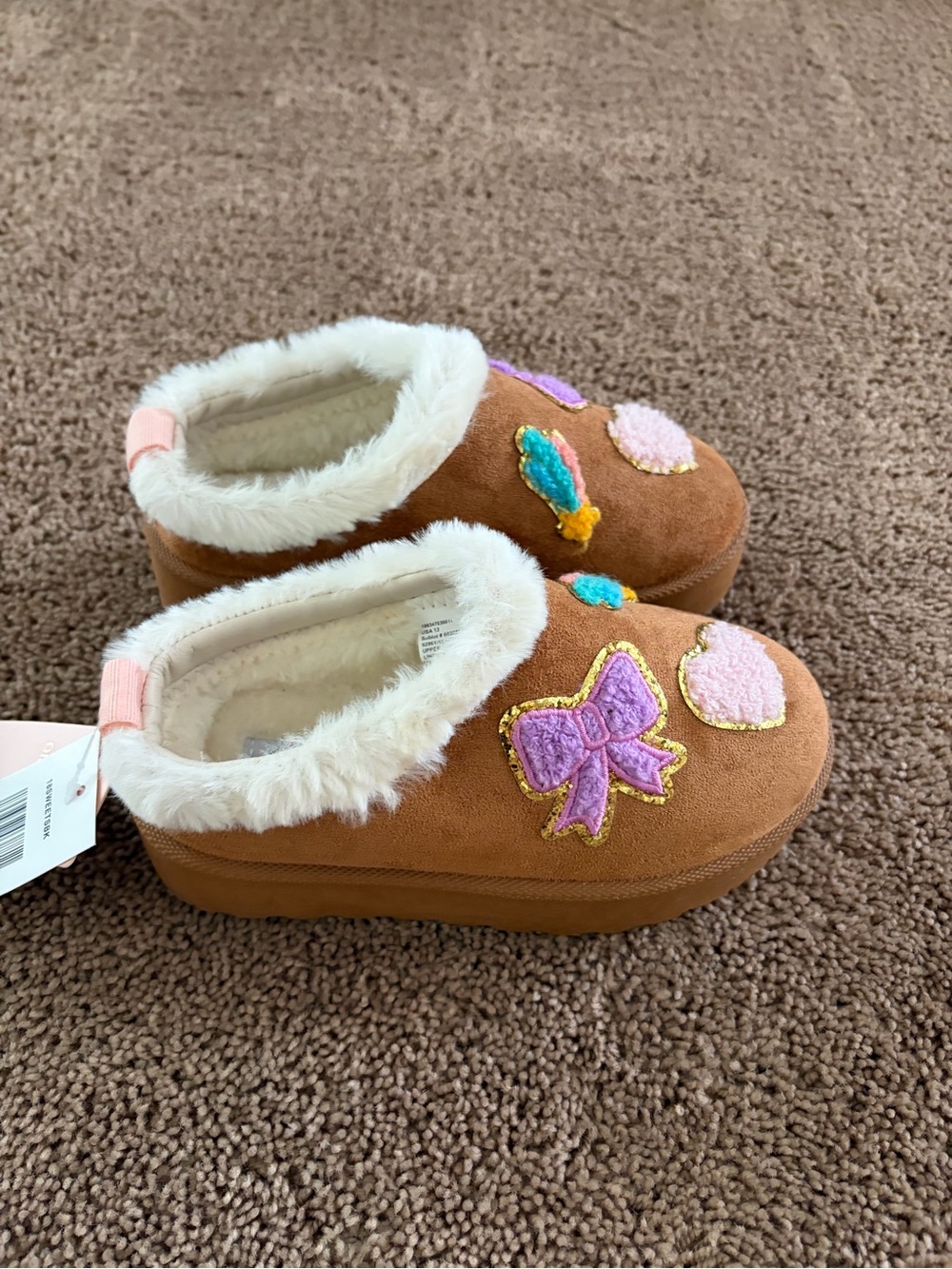 Olivia & Kate Chestnut Faux Fur Lined Slip-On Slippers with Pastel Embroidery